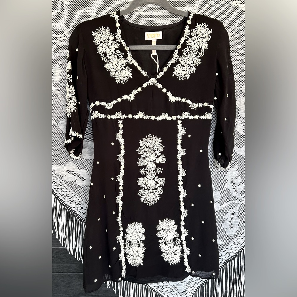 **VERB** Black/White Cocktail Mini Dress, 3/4” sleeve, Hand Embroidered